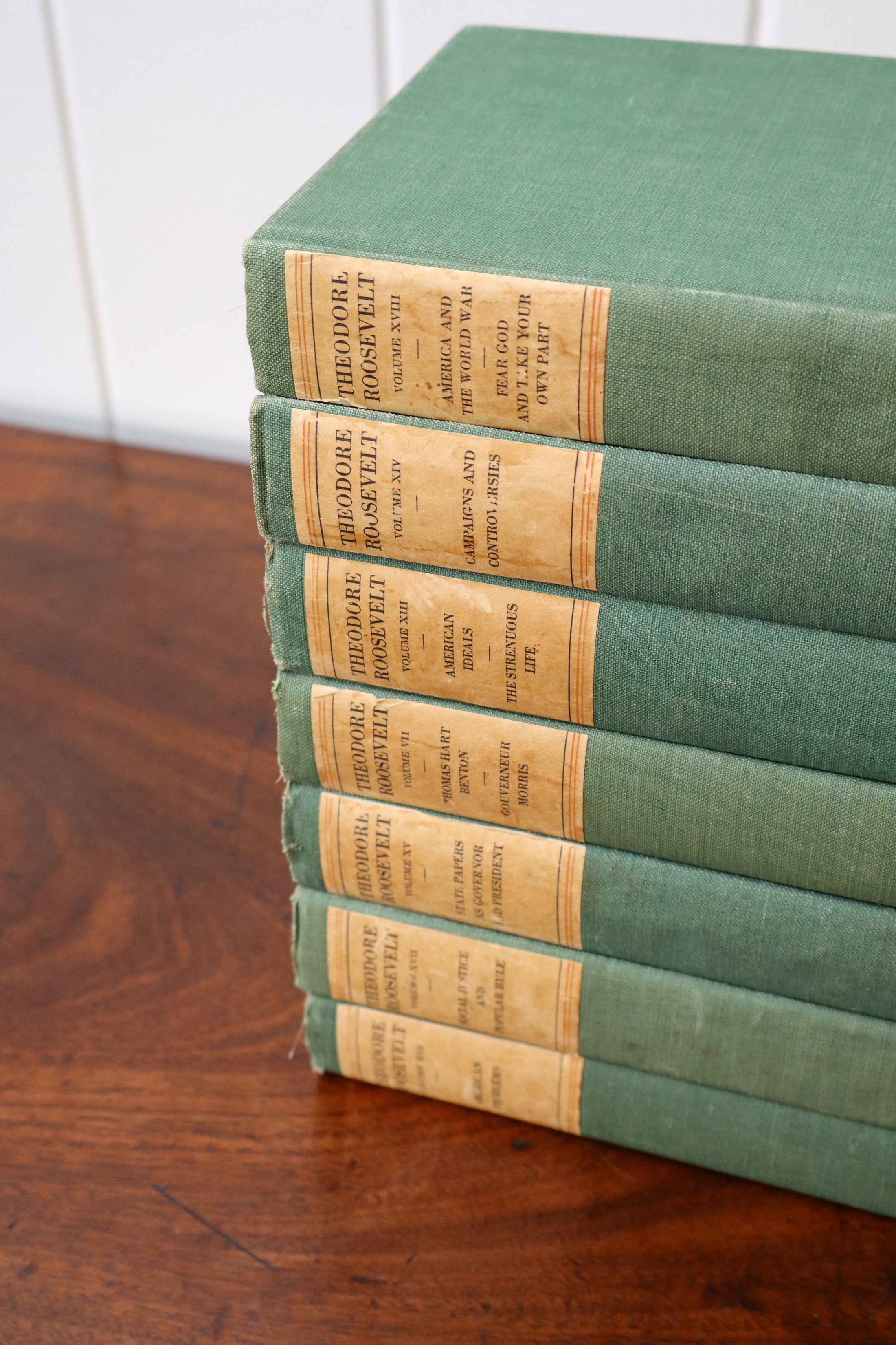7 Volumes of "The Works of Theodore Roosevelt" | Original Sage Green Cloth Hardcovers