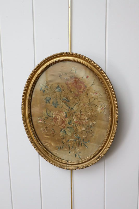 George III Oval Floral Needlework on Silk in Original Hand Carved Gilt Frame (c. 1810)