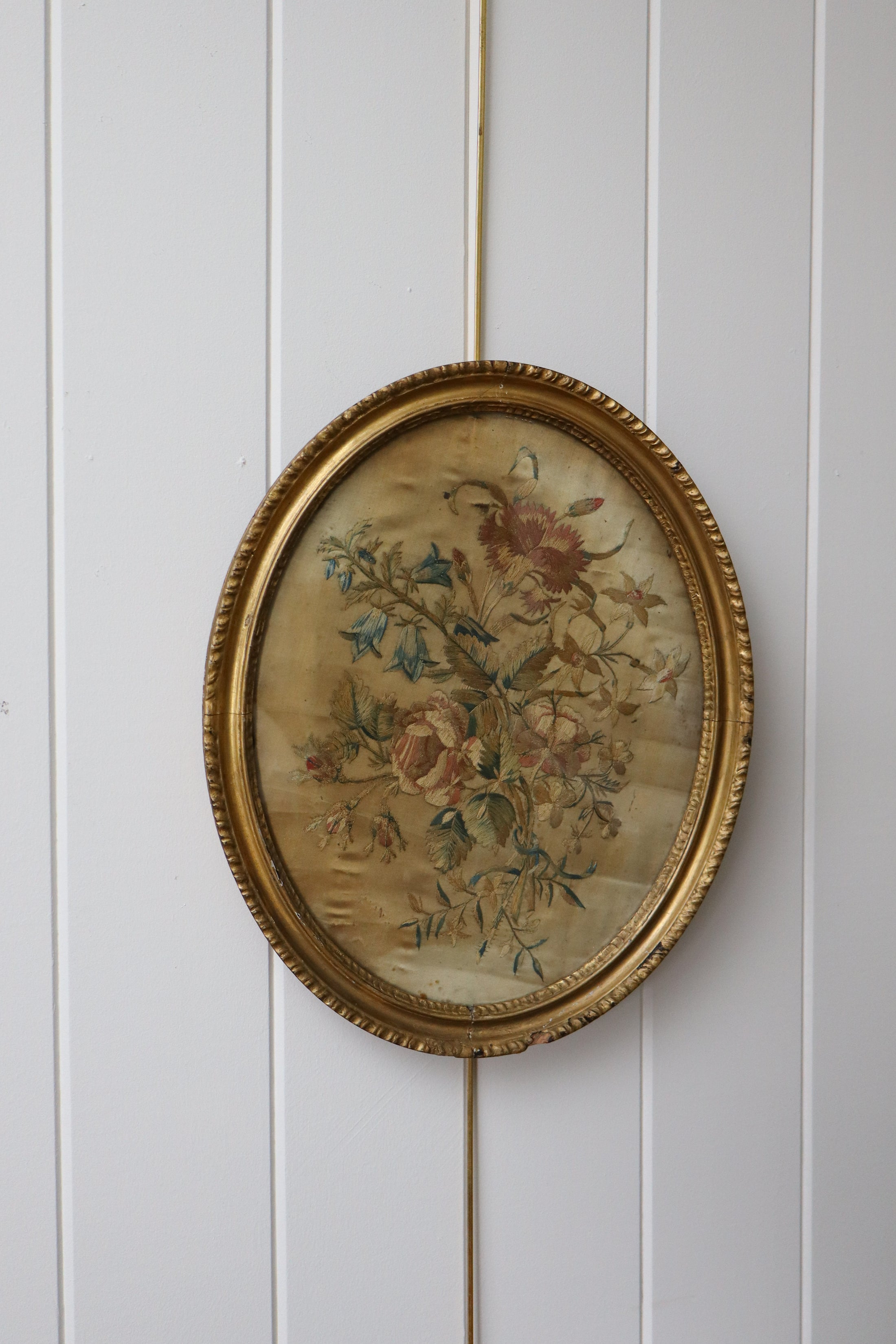 George III Oval Floral Needlework on Silk in Original Hand Carved Gilt Frame (c. 1810)
