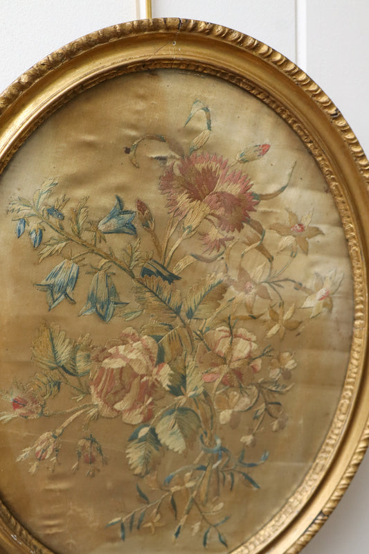 George III Oval Floral Needlework on Silk in Original Hand Carved Gilt Frame (c. 1810)