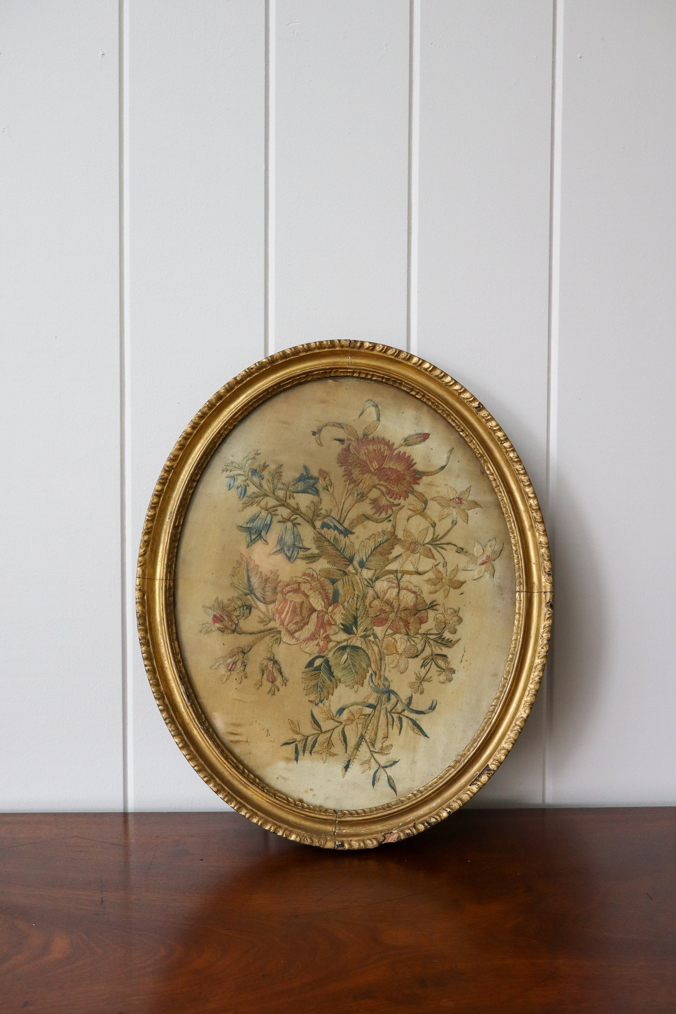 George III Oval Floral Needlework on Silk in Original Hand Carved Gilt Frame (c. 1810)
