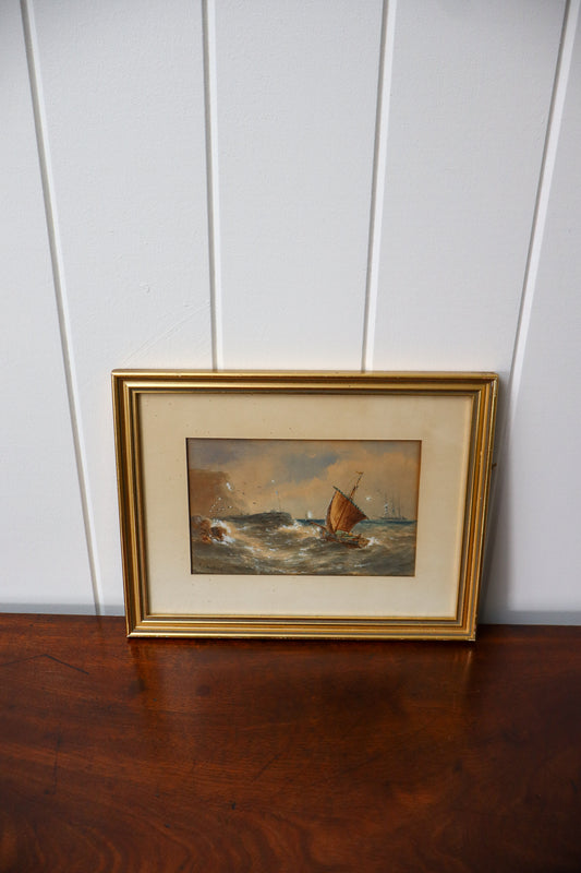 Original Fishingboat Watercolor by R.T. Wilding Dated 1900