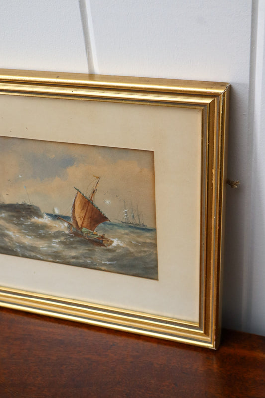 Original Fishingboat Watercolor by R.T. Wilding Dated 1900