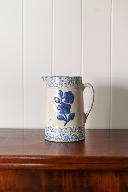 Spongeware No. 3 | 19th Century Blue + White Stoneware Pitcher with Wild Rose Glaze