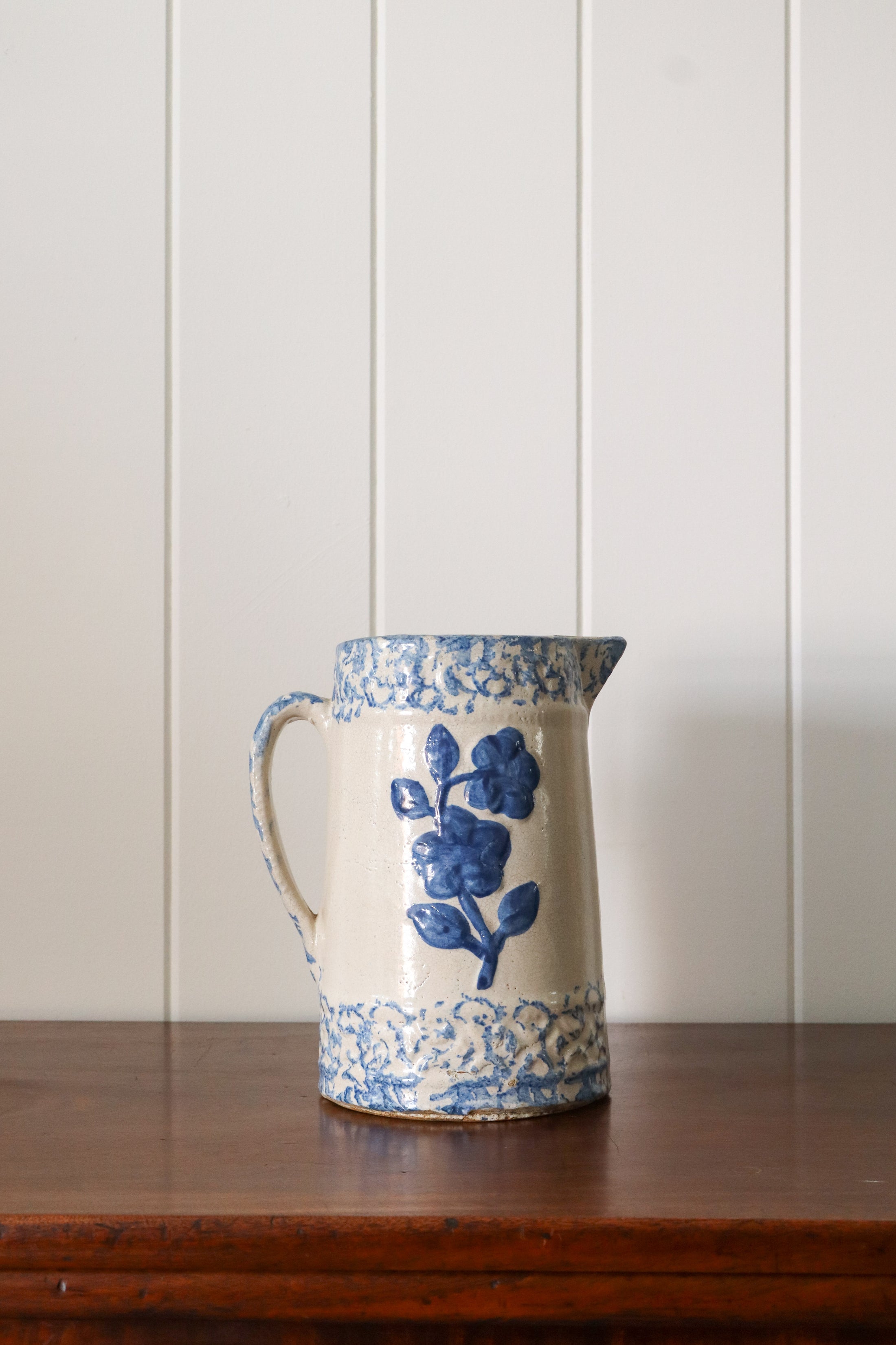 Spongeware No. 3 | 19th Century Blue + White Stoneware Pitcher with Wild Rose Glaze