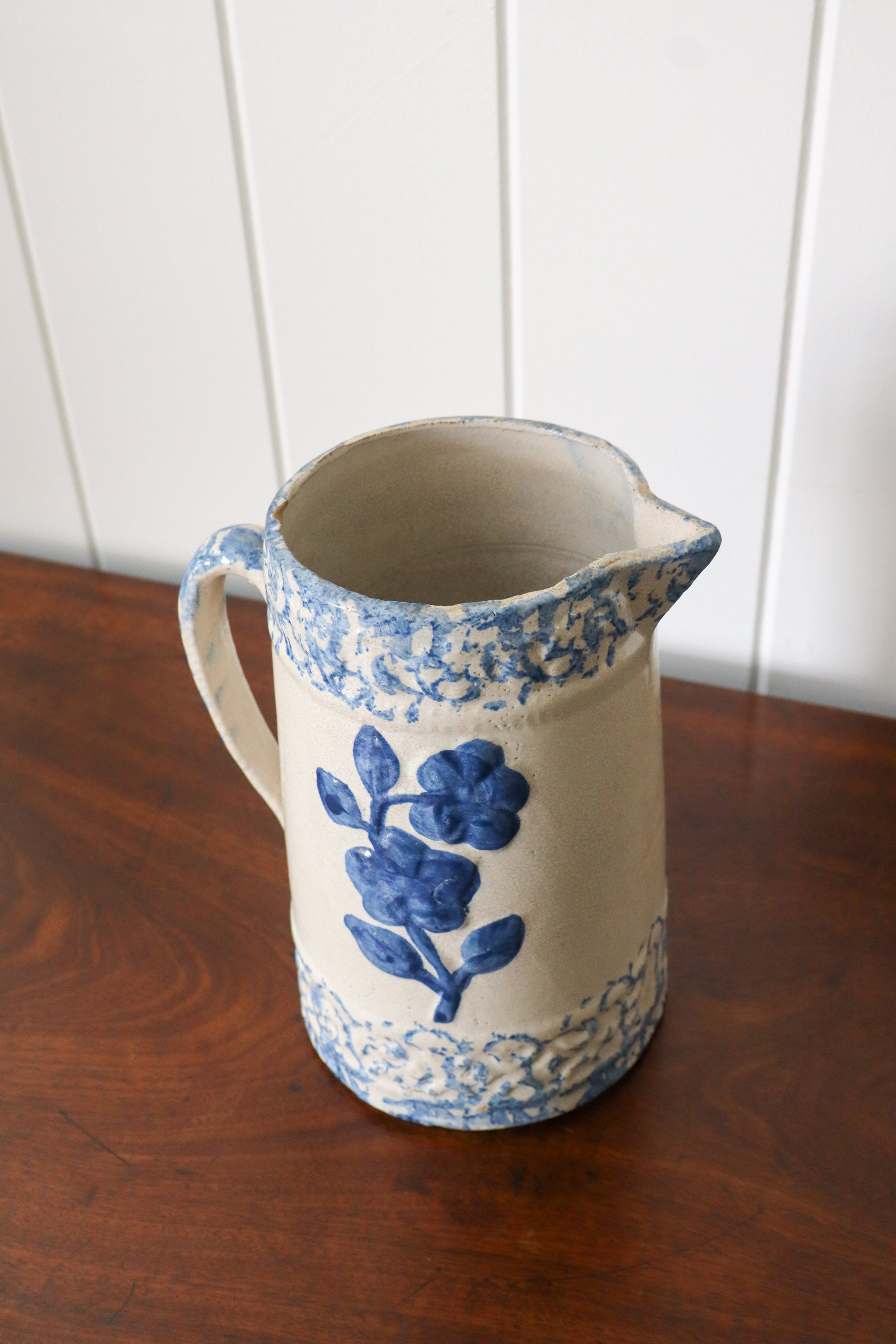 Spongeware No. 3 | 19th Century Blue + White Stoneware Pitcher with Wild Rose Glaze
