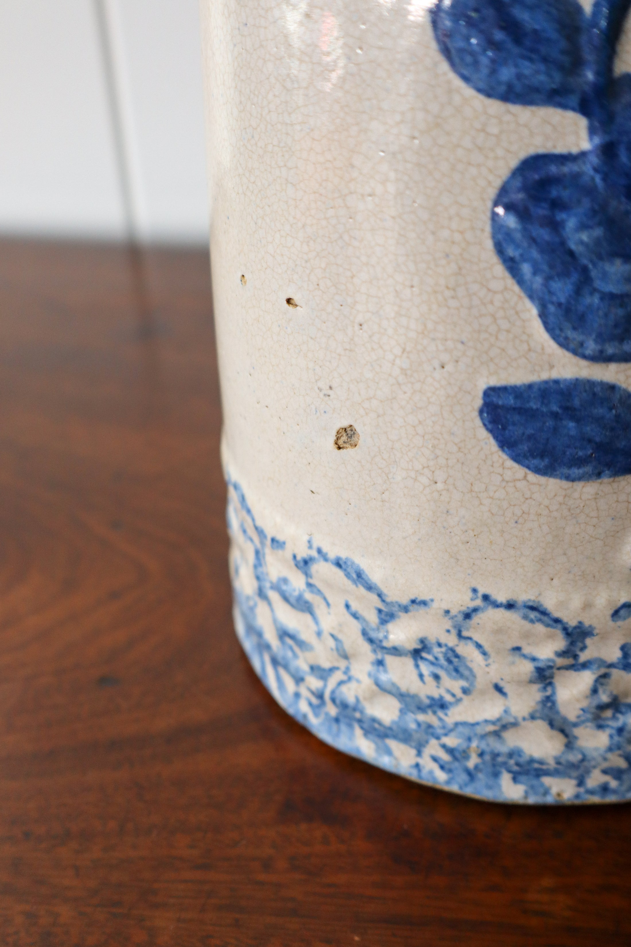Spongeware No. 3 | 19th Century Blue + White Stoneware Pitcher with Wild Rose Glaze