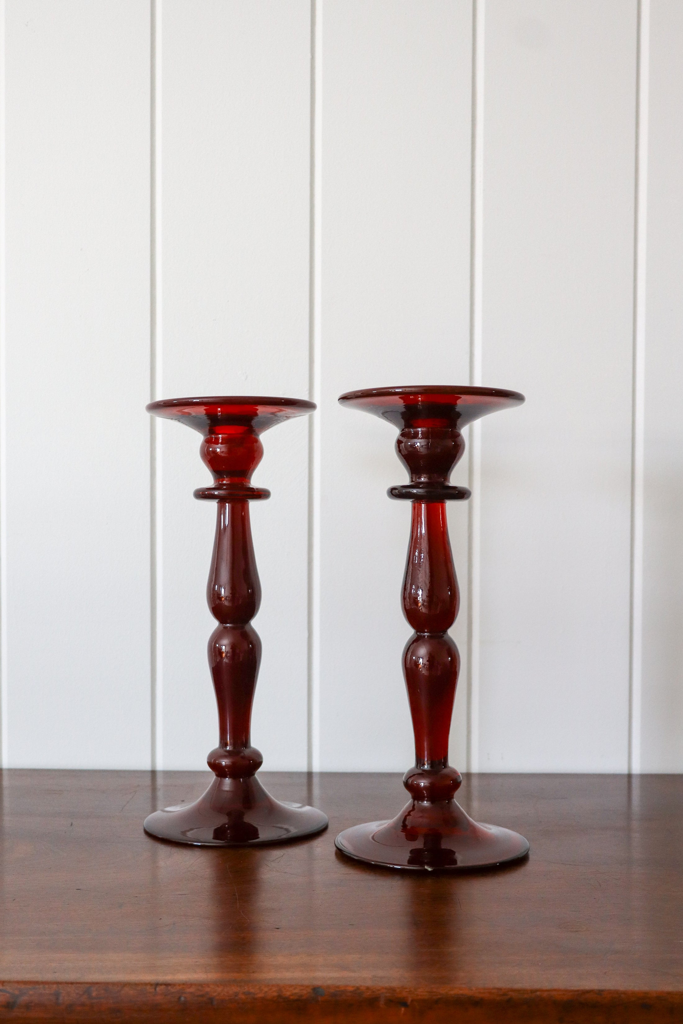 Cranberry Glass Candle Sticks (PAIR) | 11"H