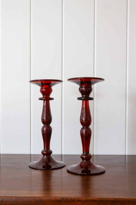 Cranberry Glass Candle Sticks (PAIR) | 11"H
