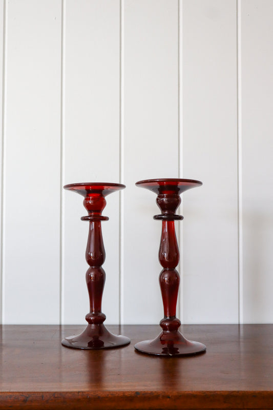 Cranberry Glass Candle Sticks (PAIR) | 11"H