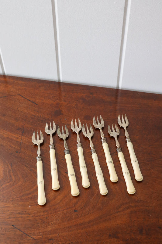 Antique French Sterling Silver + Bone Seafood Forks (Shrimp, Oyster) | SET of 8
