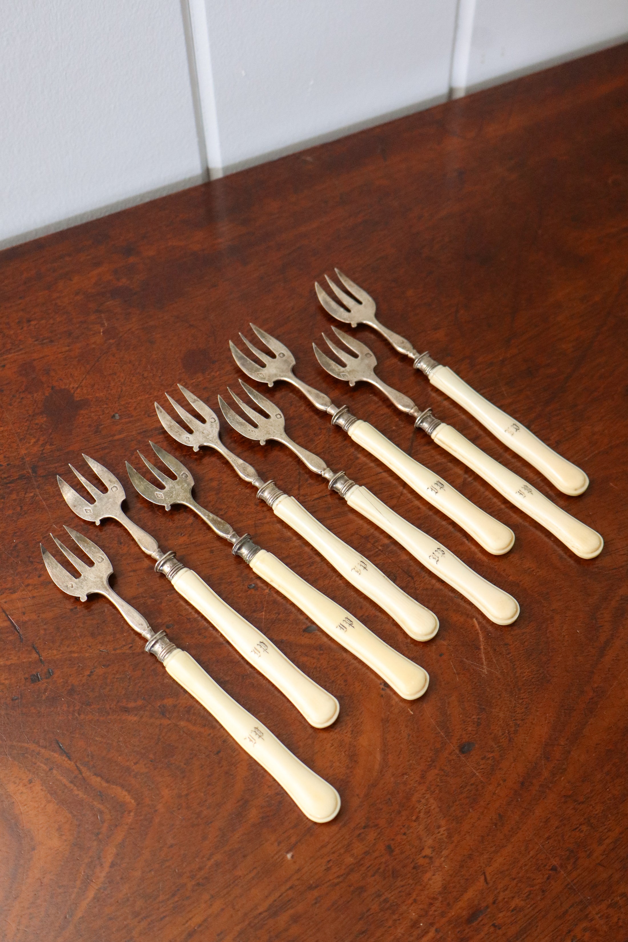Antique French Sterling Silver + Bone Seafood Forks (Shrimp, Oyster) | SET of 8