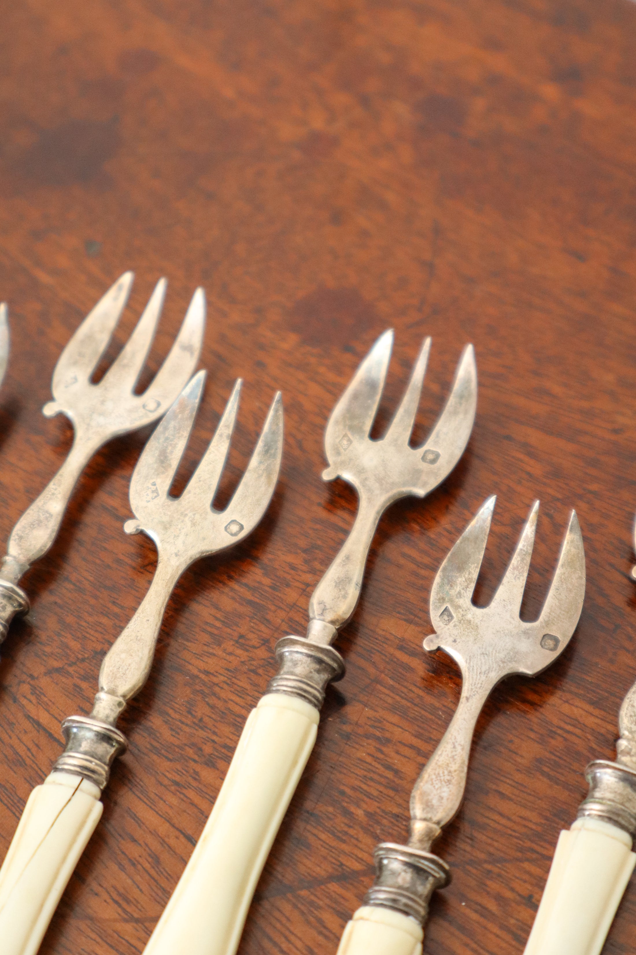 Antique French Sterling Silver + Bone Seafood Forks (Shrimp, Oyster) | SET of 8