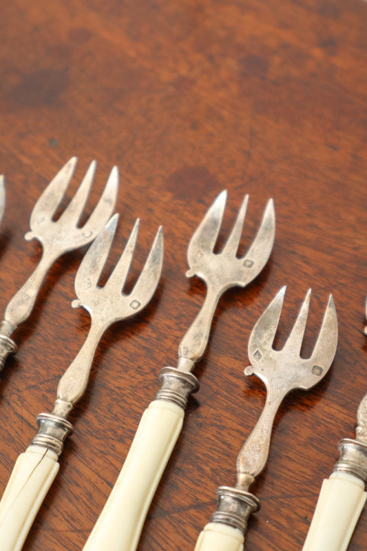 Antique French Sterling Silver + Bone Seafood Forks (Shrimp, Oyster) | SET of 8