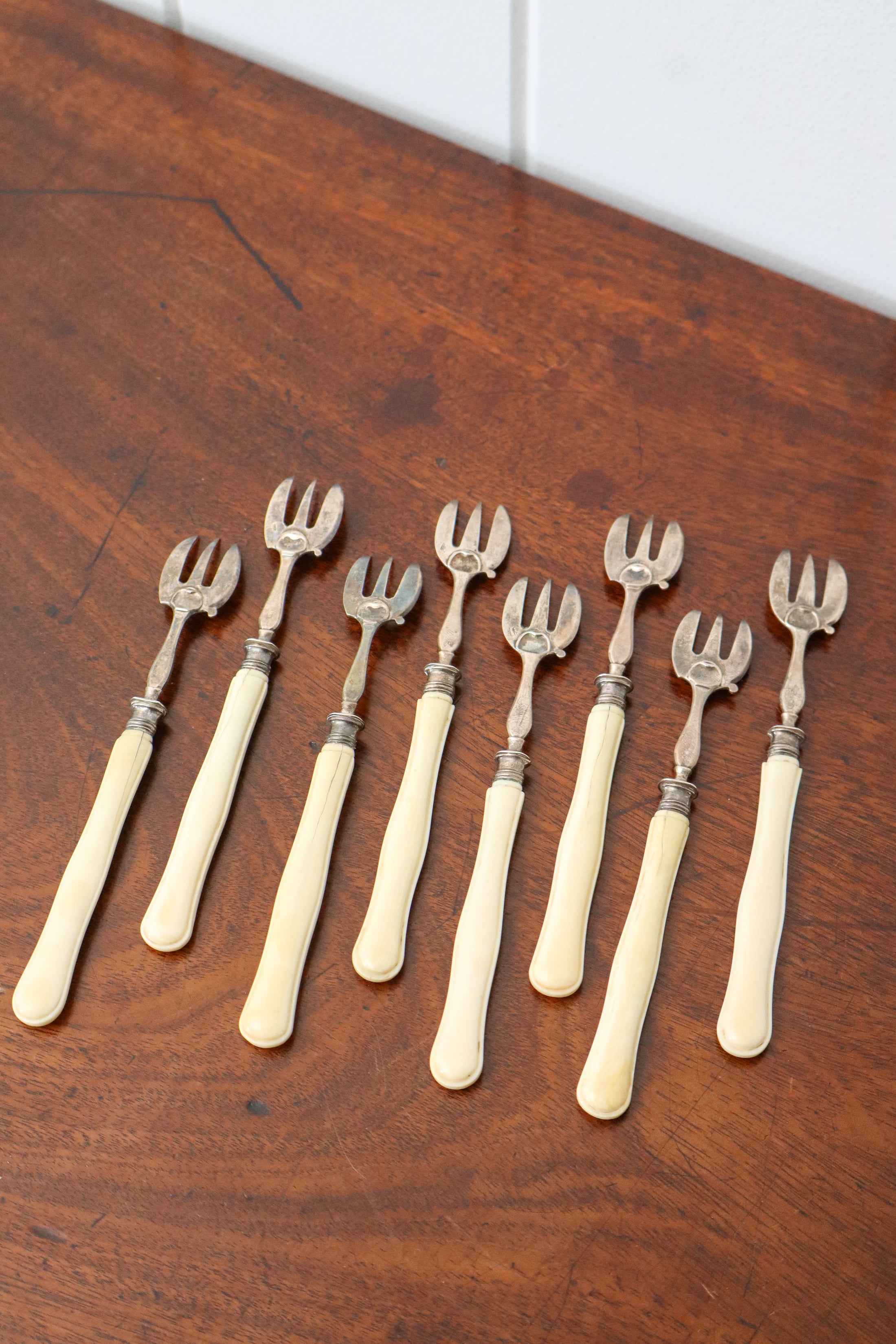 Antique French Sterling Silver + Bone Seafood Forks (Shrimp, Oyster) | SET of 8