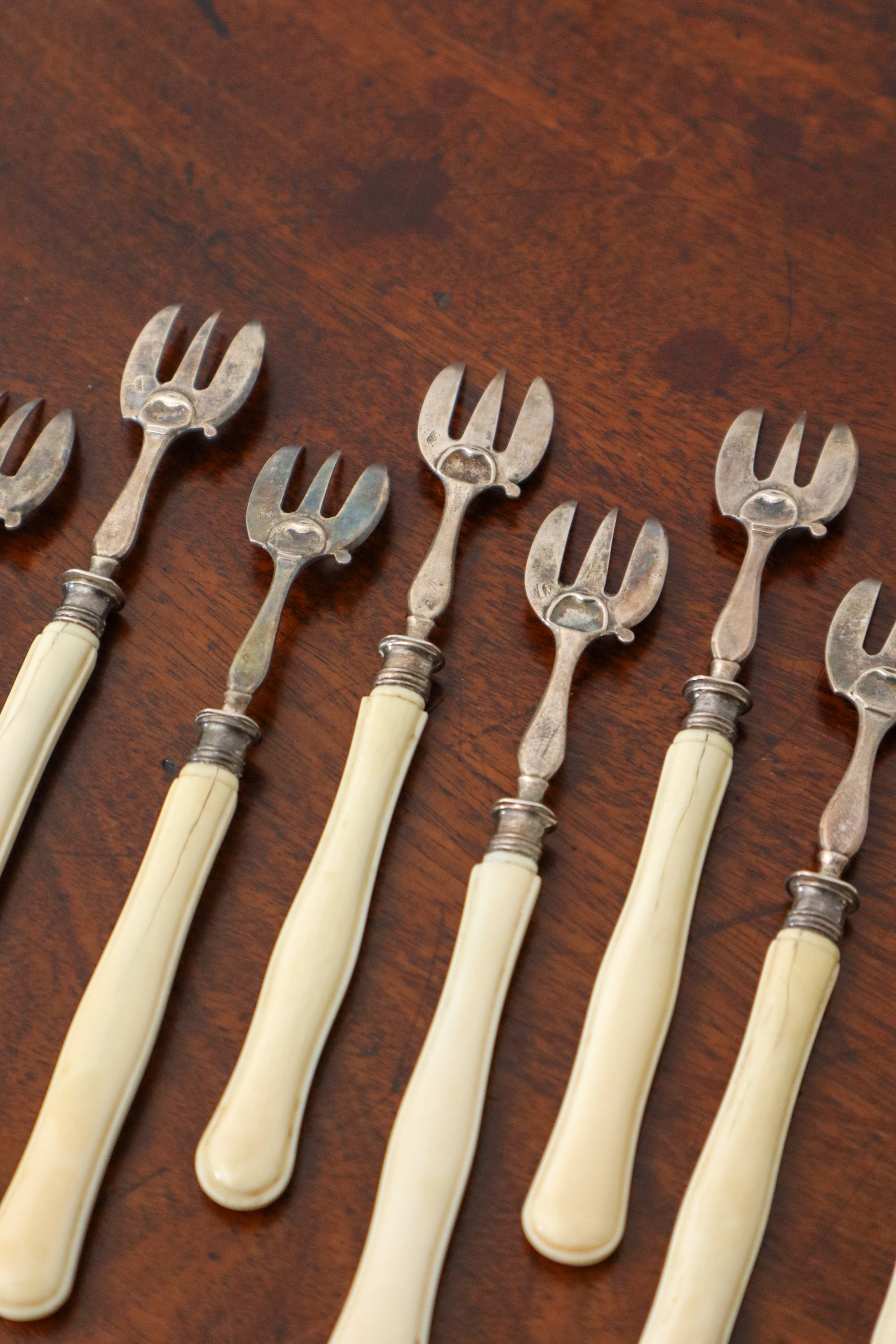 Antique French Sterling Silver + Bone Seafood Forks (Shrimp, Oyster) | SET of 8