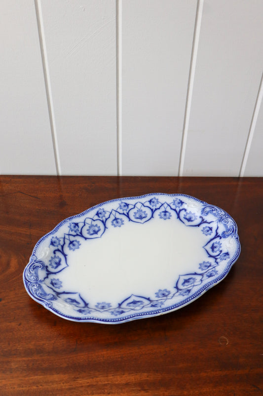 Large W. H. Grindley Antique Blue Flow Transferware Oval Serving Platter 14”x 10”