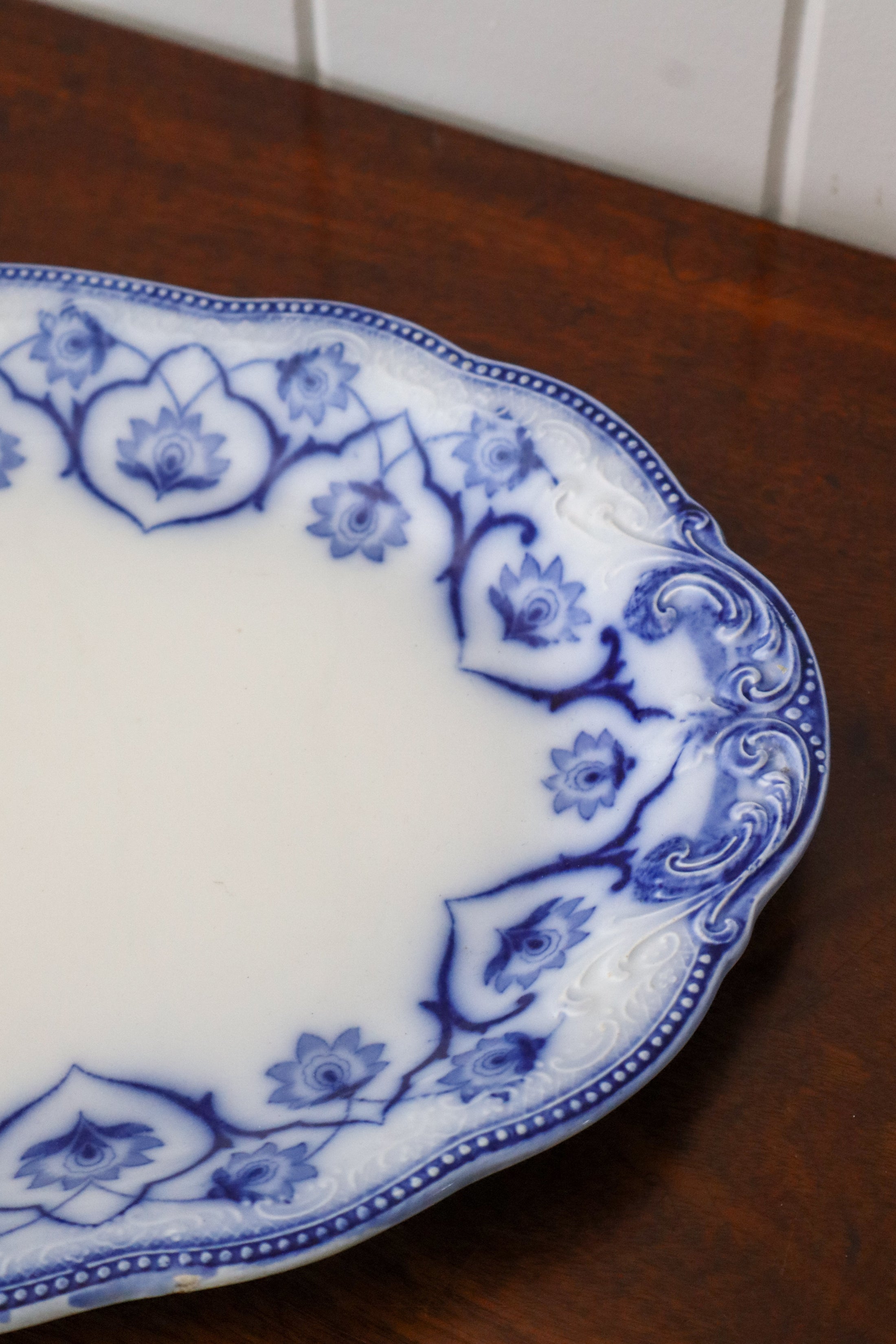 Large W. H. Grindley Antique Blue Flow Transferware Oval Serving Platter 14”x 10”