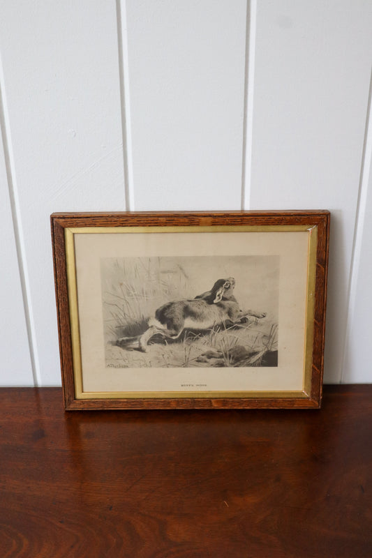 'Muff's Work' Antique English Hare Print in Oak Frame
