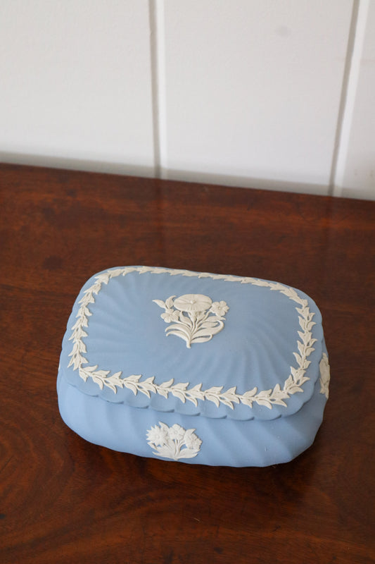 Wedgwood Blue Jasperware Large Lidded Dish with Flower Motif
