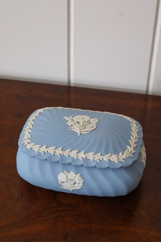 Wedgwood Blue Jasperware Large Lidded Dish with Flower Motif