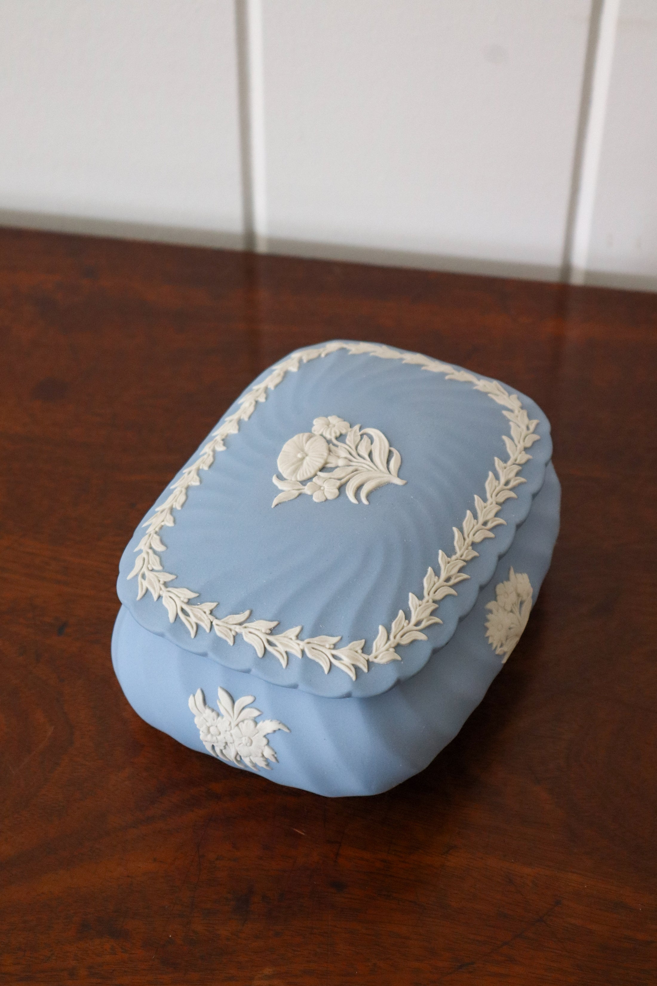 Wedgwood Blue Jasperware Large Lidded Dish with Flower Motif