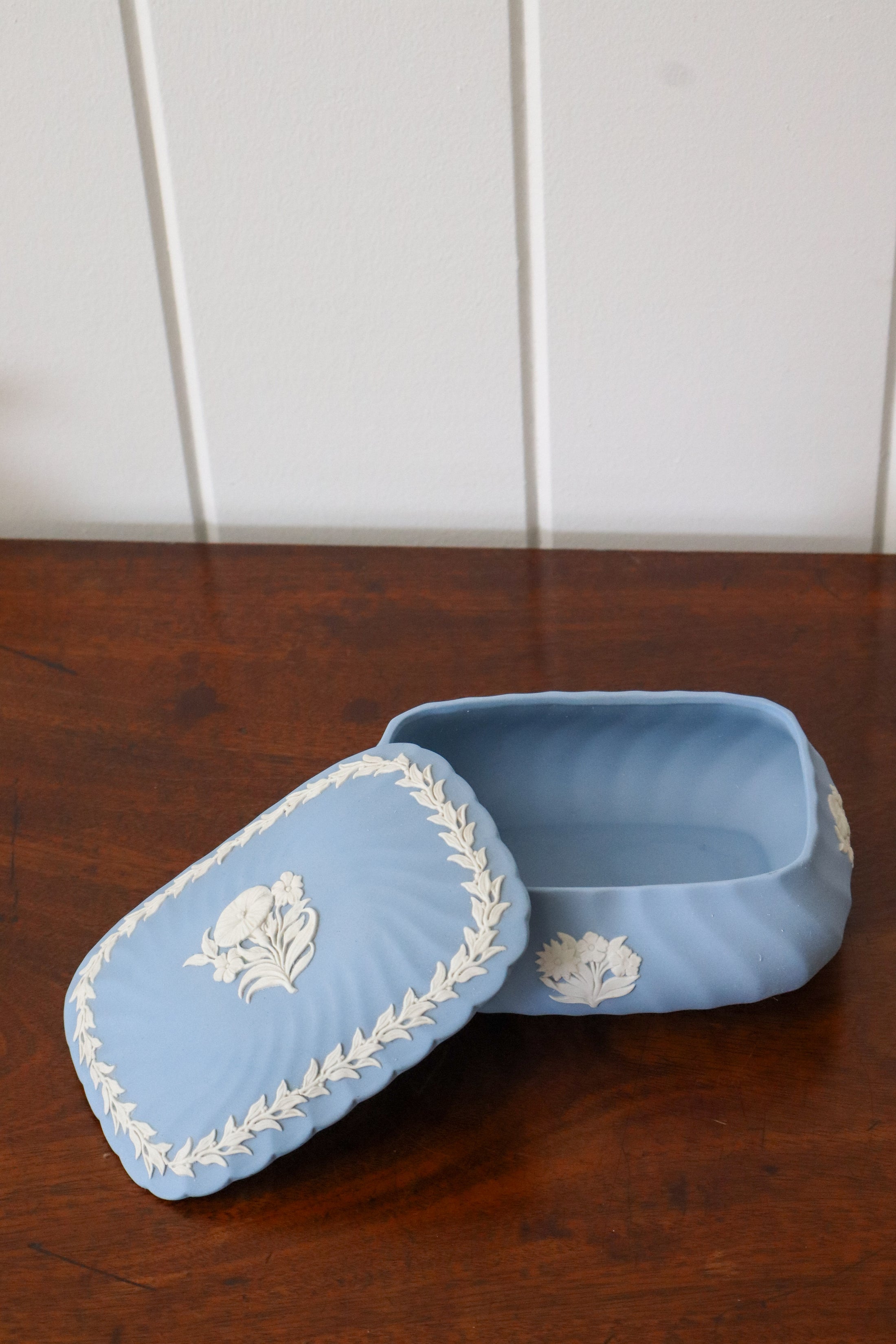 Wedgwood Blue Jasperware Large Lidded Dish with Flower Motif