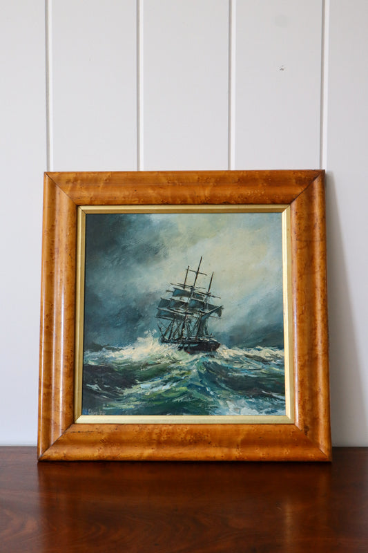 Signed Original Oil Painting on Board Depicting a Ship in Rough Seas, In Maple Frame