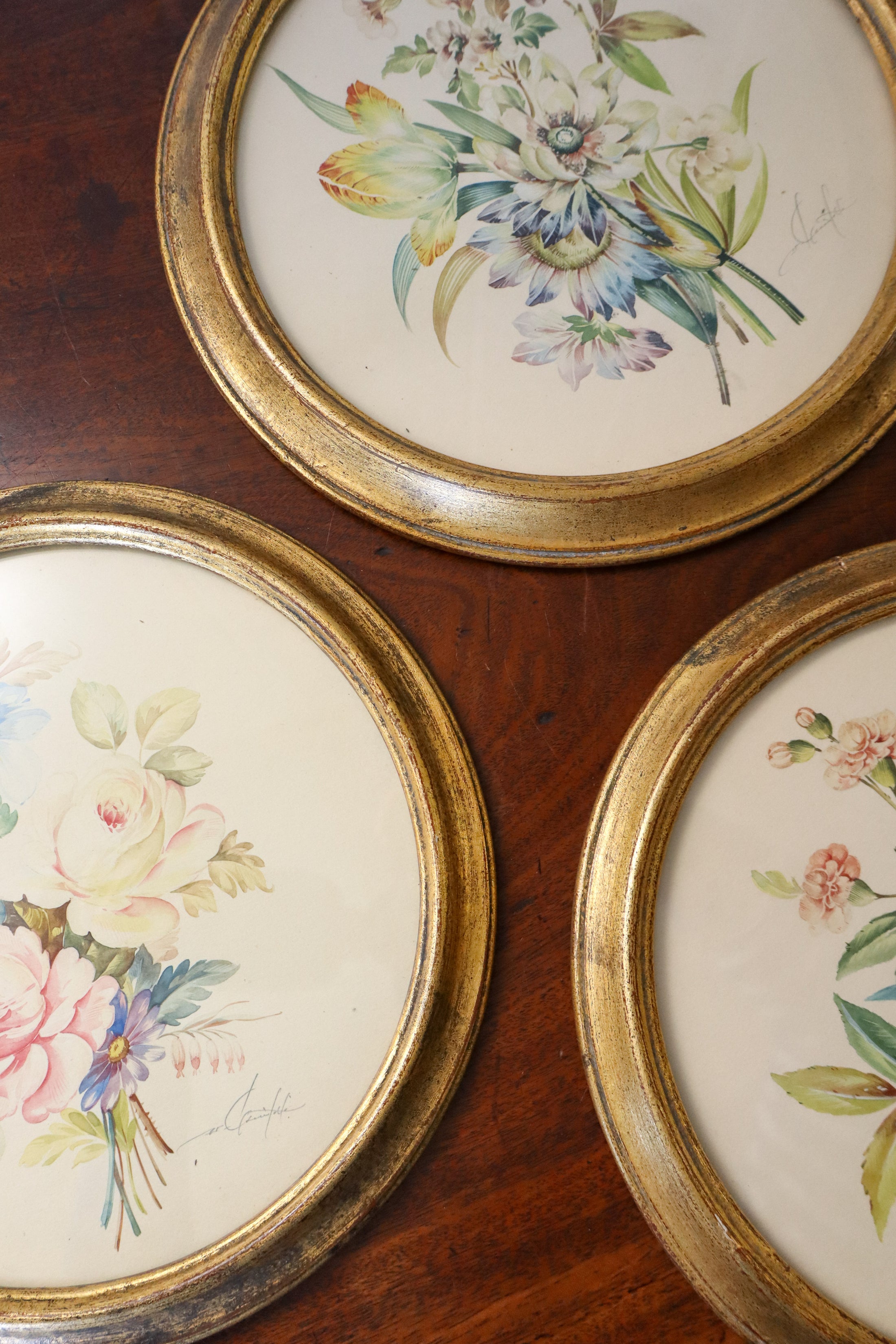 TRIO of Antique Original Floral Watercolors in Round Giltwood Frames (c. 1900) | 9.5"W