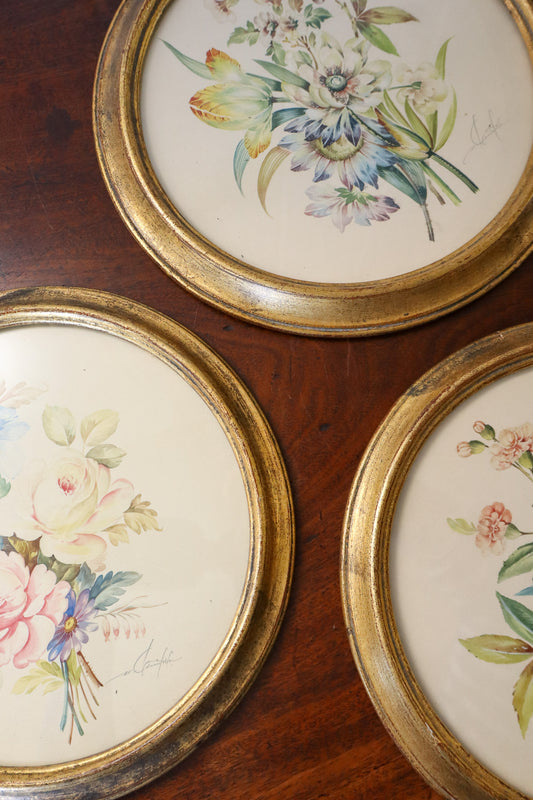TRIO of Antique Original Floral Watercolors in Round Giltwood Frames (c. 1900) | 9.5"W
