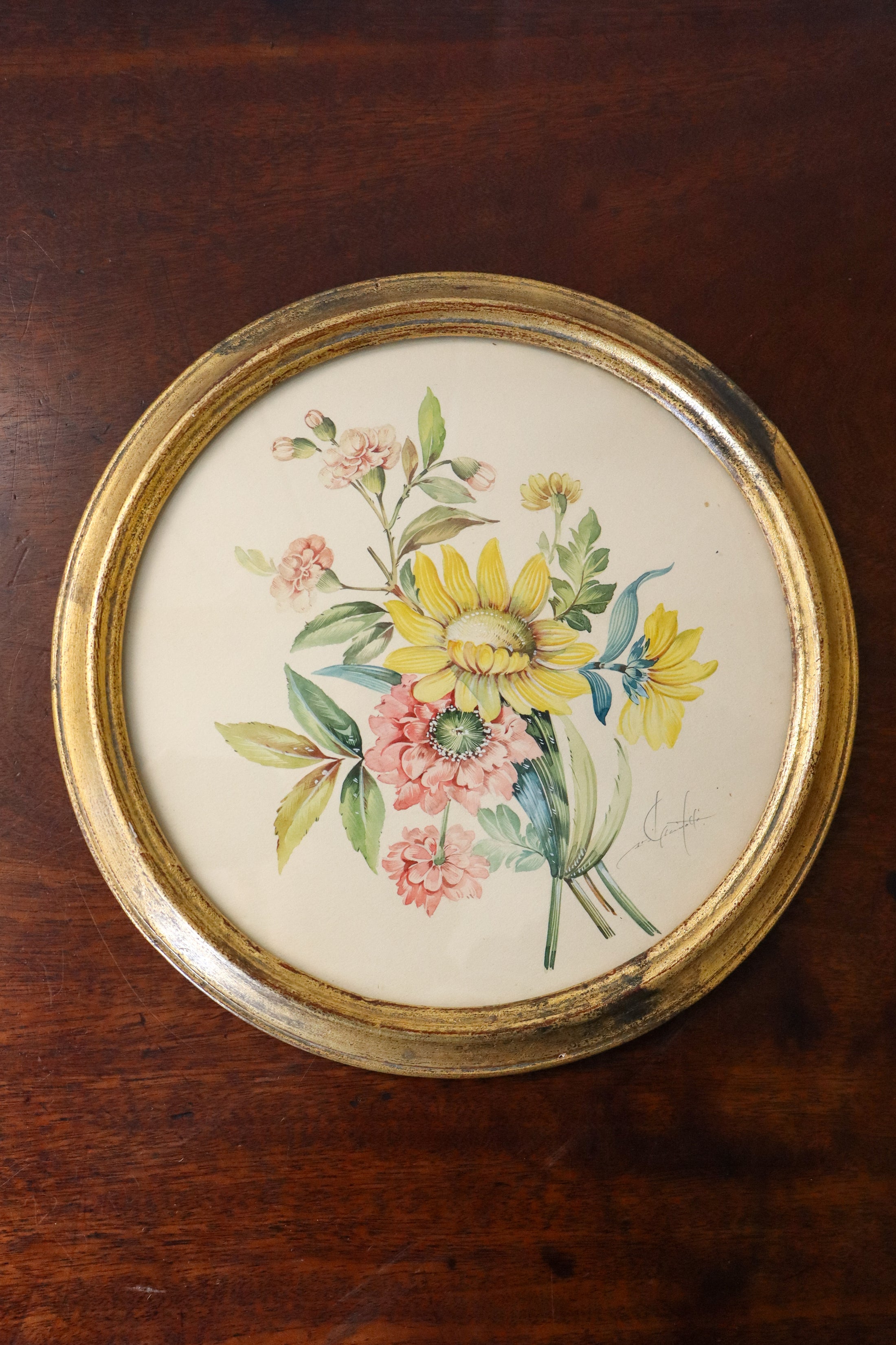 TRIO of Antique Original Floral Watercolors in Round Giltwood Frames (c. 1900) | 9.5"W