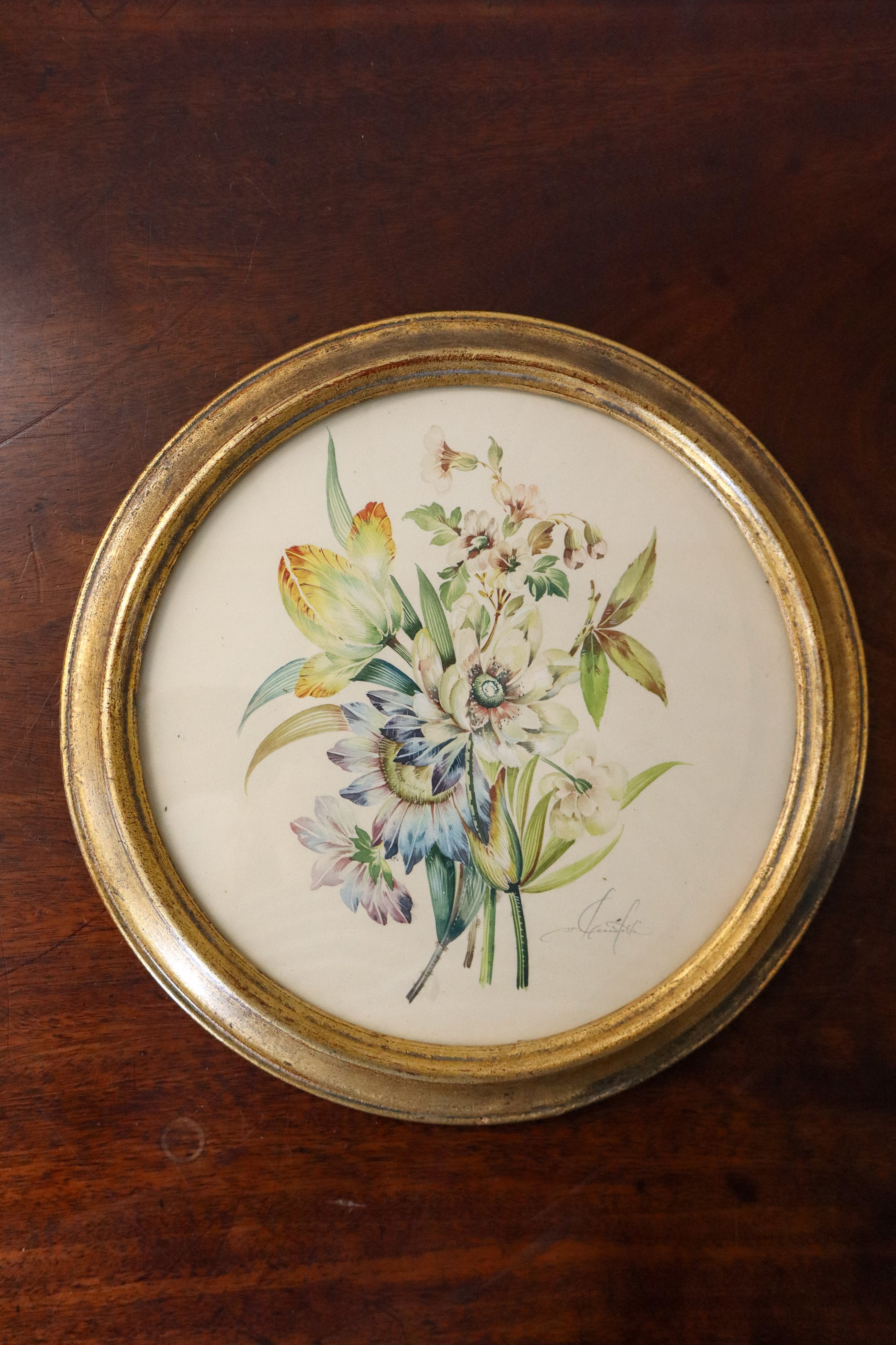 TRIO of Antique Original Floral Watercolors in Round Giltwood Frames (c. 1900) | 9.5"W
