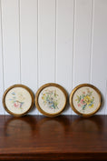 Load image into Gallery viewer, TRIO of Antique Original Floral Watercolors in Round Giltwood Frames (c. 1900) | 9.5"W
