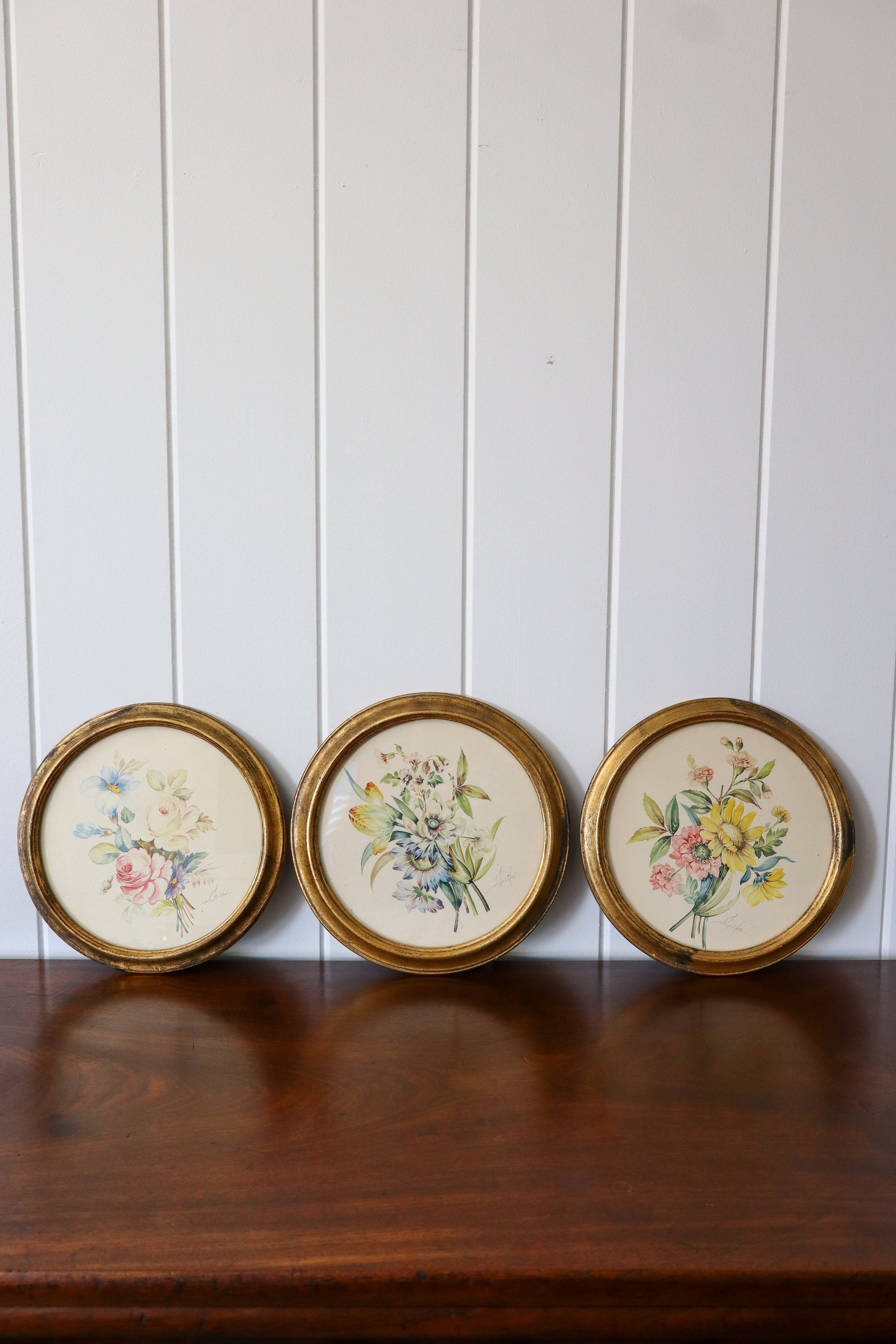 TRIO of Antique Original Floral Watercolors in Round Giltwood Frames (c. 1900) | 9.5"W
