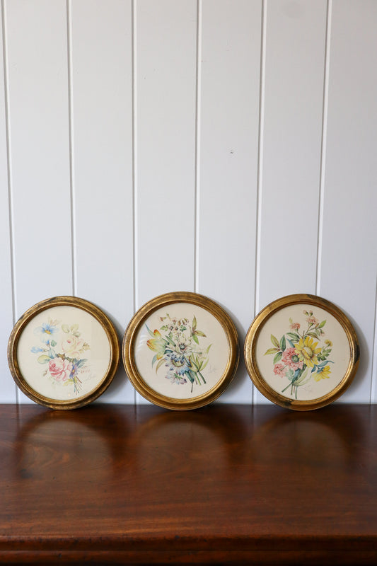 TRIO of Antique Original Floral Watercolors in Round Giltwood Frames (c. 1900) | 9.5"W