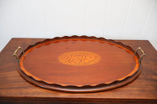 Edwardian Mahogany Butler’s Tray with Shell Inlay + Scalloped Edge