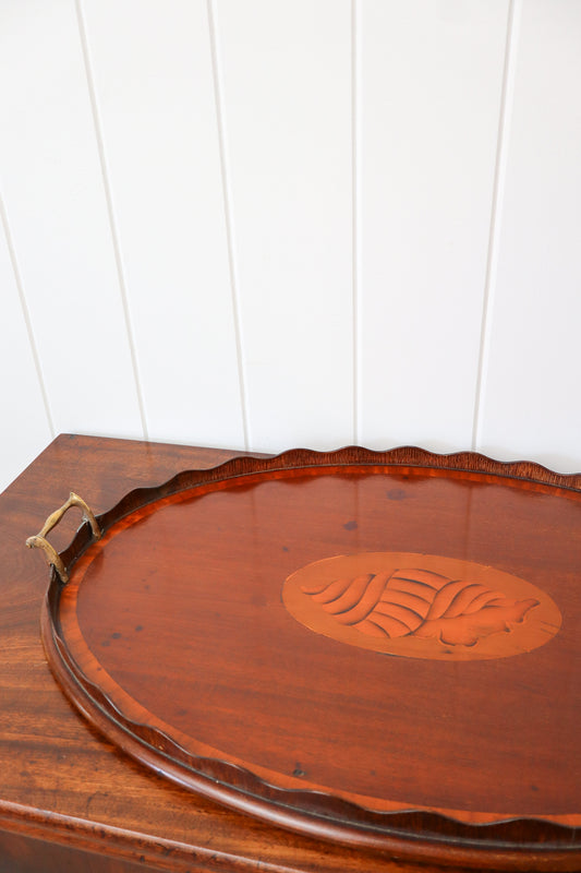 Edwardian Mahogany Butler’s Tray with Shell Inlay + Scalloped Edge