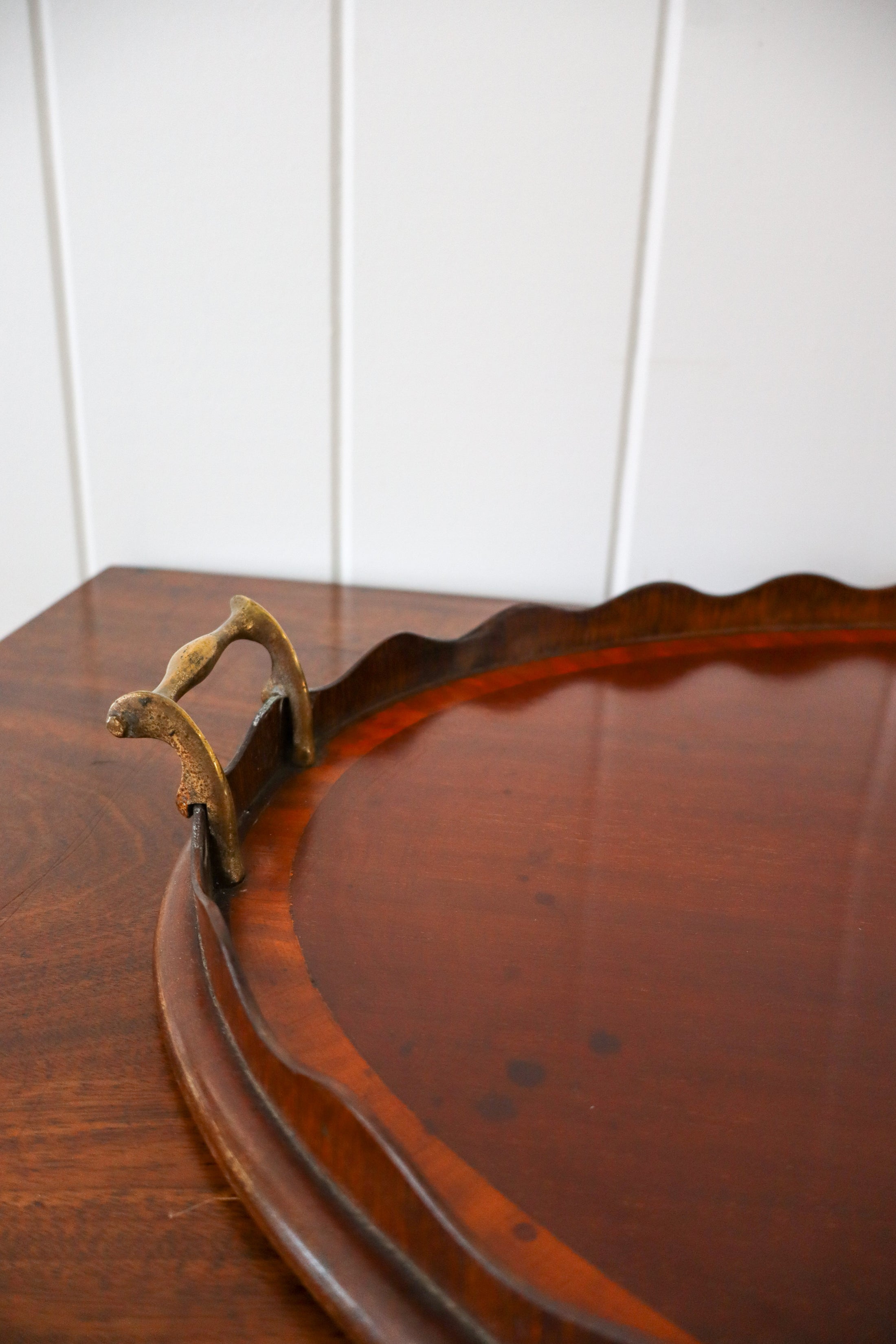 Edwardian Mahogany Butler’s Tray with Shell Inlay + Scalloped Edge