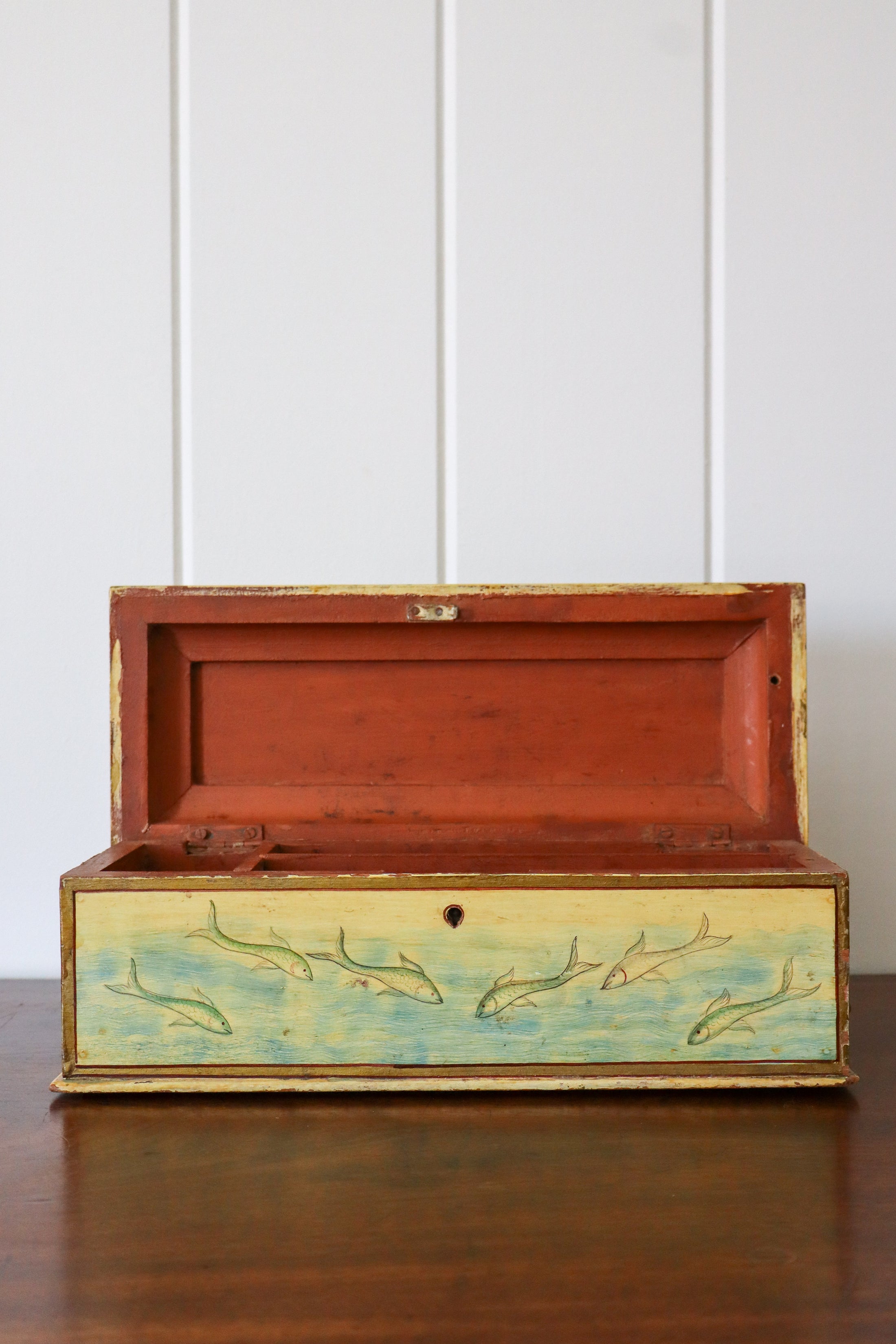 Hand Painted Box with Hidden Bottom/Side Drawer | Fish Swimming