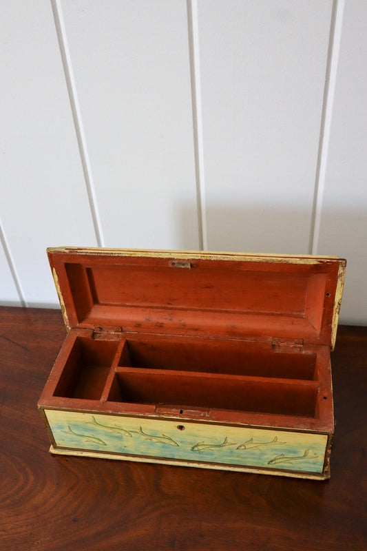 Hand Painted Box with Hidden Bottom/Side Drawer | Fish Swimming