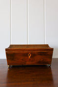 Load image into Gallery viewer, Antique Rosewood Sewing Box with Ebony Lattice + Floral Inlay | Yellow Silk Interior on Brass Bun Feet (includes stitch guide!)
