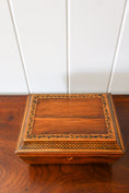 Load image into Gallery viewer, Antique Rosewood Sewing Box with Ebony Lattice + Floral Inlay | Yellow Silk Interior on Brass Bun Feet (includes stitch guide!)
