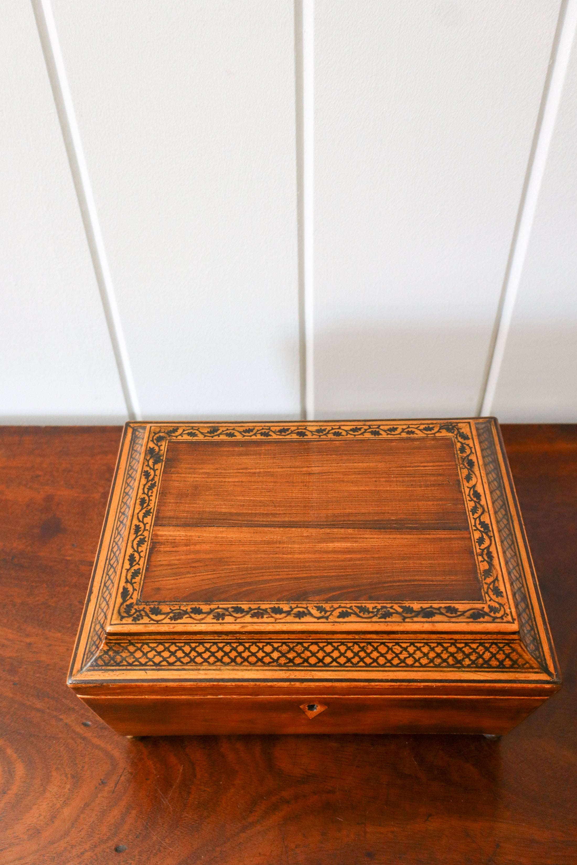Antique Rosewood Sewing Box with Ebony Lattice + Floral Inlay | Yellow Silk Interior on Brass Bun Feet (includes stitch guide!)