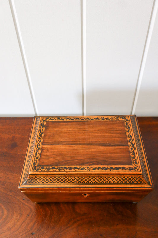 Antique Rosewood Sewing Box with Ebony Lattice + Floral Inlay | Yellow Silk Interior on Brass Bun Feet (includes stitch guide!)