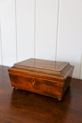 Load image into Gallery viewer, Antique Rosewood Sewing Box with Ebony Lattice + Floral Inlay | Yellow Silk Interior on Brass Bun Feet (includes stitch guide!)
