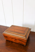 Load image into Gallery viewer, Antique Rosewood Sewing Box with Ebony Lattice + Floral Inlay | Yellow Silk Interior on Brass Bun Feet (includes stitch guide!)
