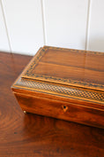 Load image into Gallery viewer, Antique Rosewood Sewing Box with Ebony Lattice + Floral Inlay | Yellow Silk Interior on Brass Bun Feet (includes stitch guide!)
