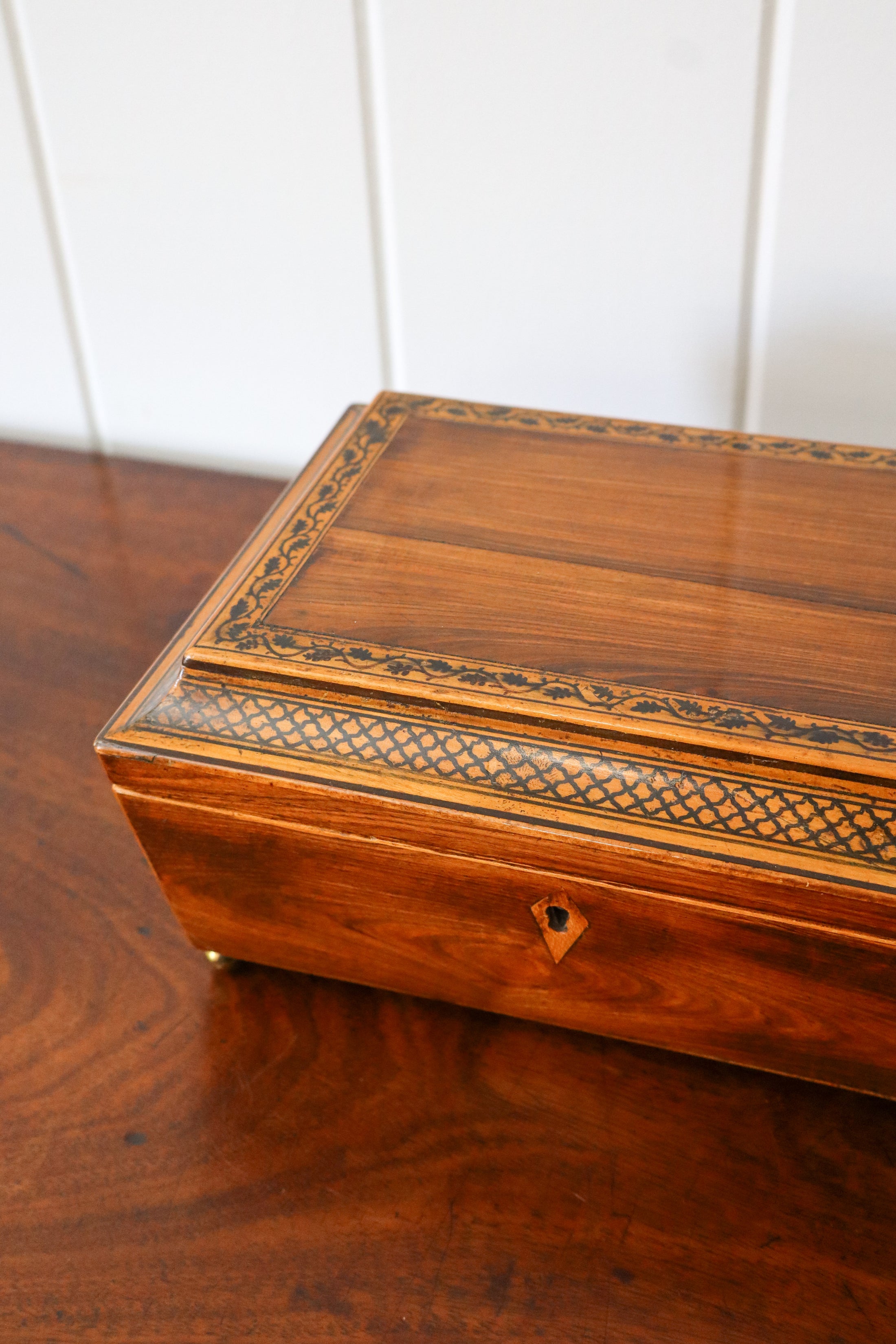 Antique Rosewood Sewing Box with Ebony Lattice + Floral Inlay | Yellow Silk Interior on Brass Bun Feet (includes stitch guide!)
