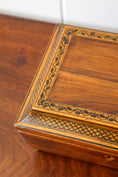 Load image into Gallery viewer, Antique Rosewood Sewing Box with Ebony Lattice + Floral Inlay | Yellow Silk Interior on Brass Bun Feet (includes stitch guide!)
