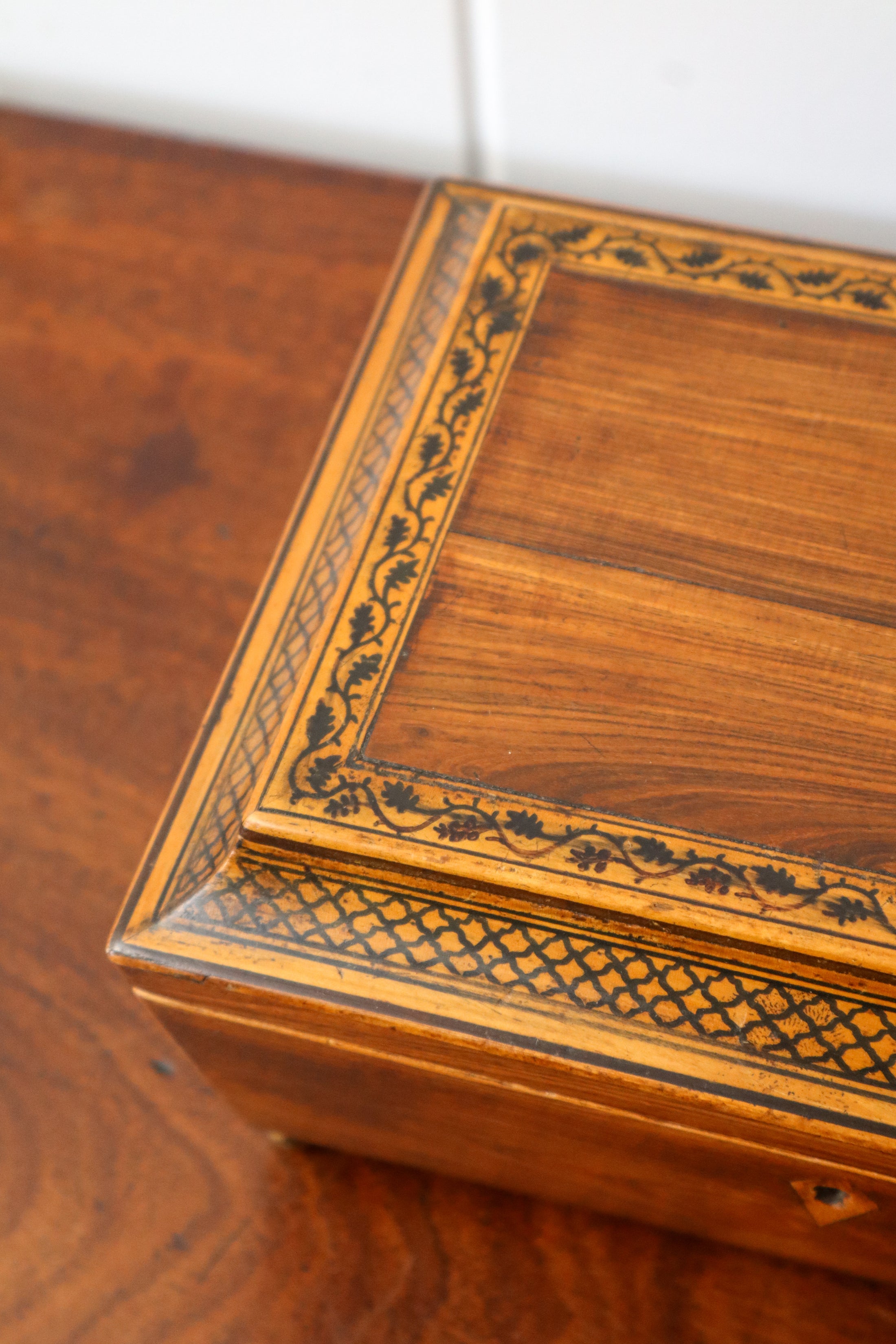 Antique Rosewood Sewing Box with Ebony Lattice + Floral Inlay | Yellow Silk Interior on Brass Bun Feet (includes stitch guide!)